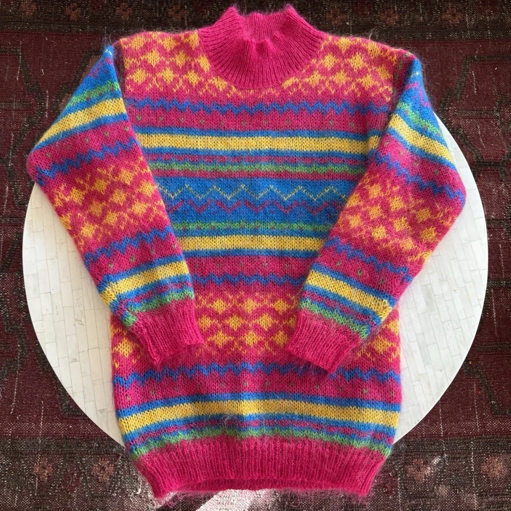Vtg 80s Pink Mohair Sweater Mock Neck Sz‎ S Bright Colorful Neon Xmas Holiday